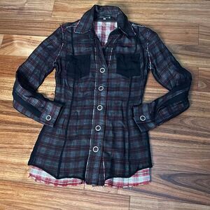 Marisak layered plaid long sleeve shirt. western grunge bling cross‎ angel wings
